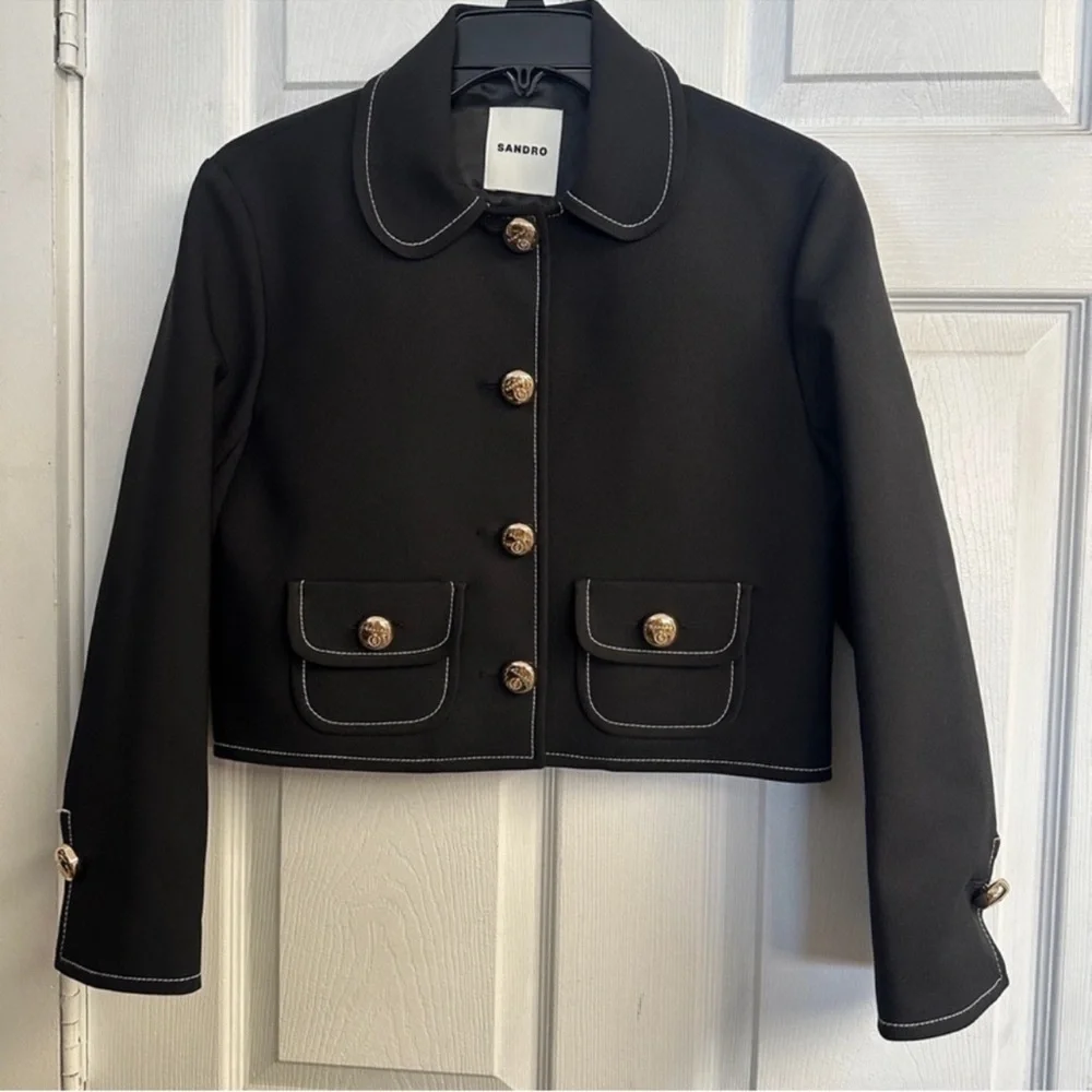 Sandro NWT Black Peter Pan Collar Jacket Size 40 - Picture 4 of 7
